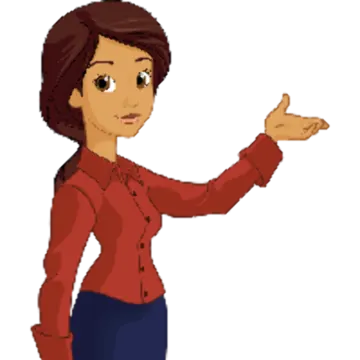 a woman in a red shirt pointing at something