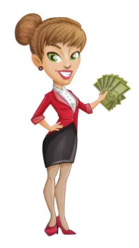 a woman in a business suit holding money