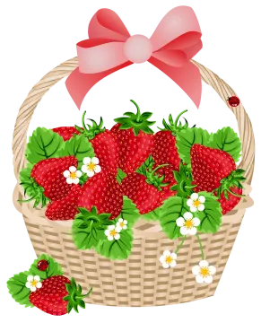 a basket of strawberries with a bow