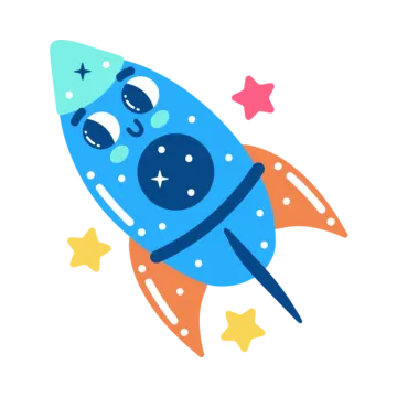 a blue and orange rocket with stars around it