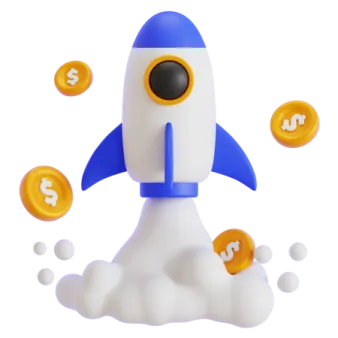 a toy rocket with coins flying out of it