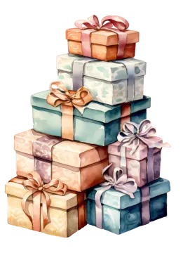 a stack of colorful gift boxes with bows