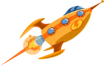 an orange rocket with blue eyes and a white background