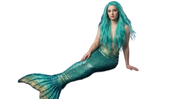 a mermaid with long blue hair sitting on the floor