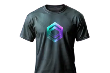 a black t - shirt with a purple and blue logo on the front