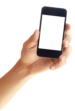 a hand holding a smart phone with a blank screen