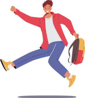 a man in a red jacket and blue jeans running with a backpack