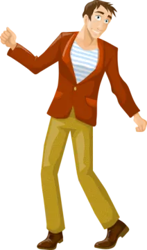 a man in a red jacket and brown pants dancing