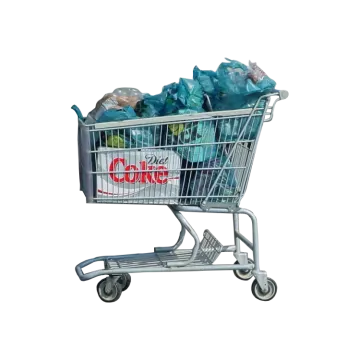 a shopping cart filled with plastic bags