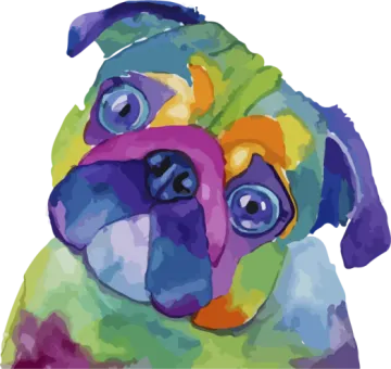 a colorful dog with blue eyes