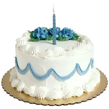 a white cake with blue flowers and a lit candle