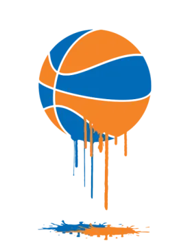 an orange and blue basketball ball on a white background