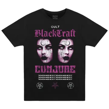 a black t - shirt with an image of two women's faces on the front