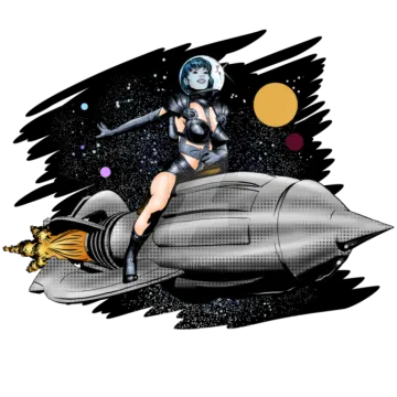 an illustration of a woman riding on a rocket