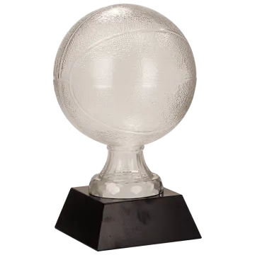 a glass trophy on a black base