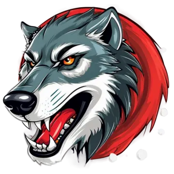 a wolf's head with red eyes and fangs