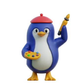 a blue penguin holding a paintbrush and brush