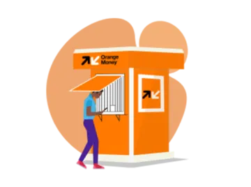 a man standing in front of a small orange building