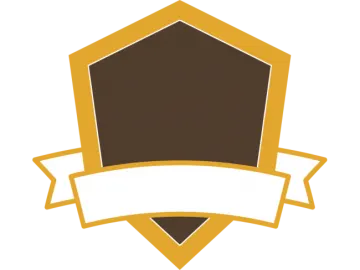 a brown shield with a white ribbon around it