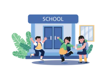 two people dancing in front of a school building