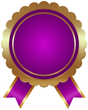 a gold medal with purple ribbon