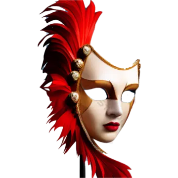a red and gold mask with feathers