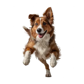 a brown and white dog jumping in the air
