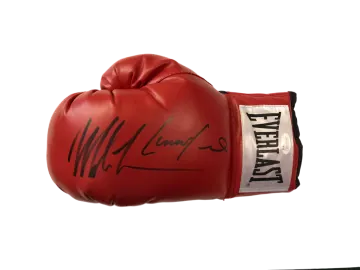 a pair of red boxing gloves with signed signatures