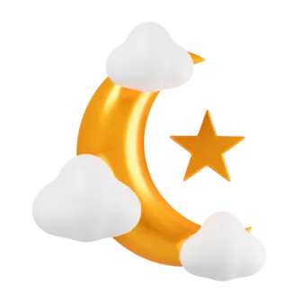 a crescent with stars and clouds on it