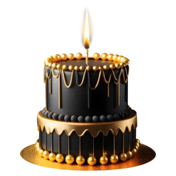 a black and gold birthday cake with a lit candle