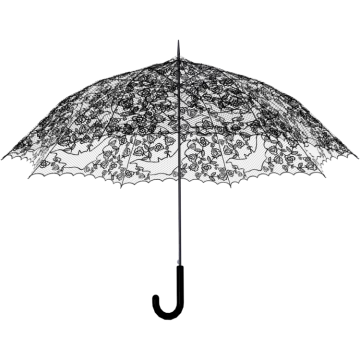 a black and white umbrella with flowers on it