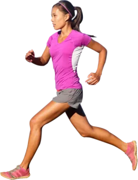 a woman running in a pink shirt and gray shorts