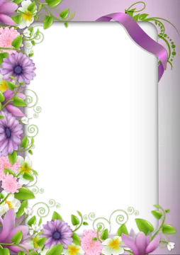 a floral frame with purple flowers and green leaves