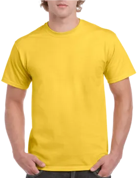a man wearing a yellow t - shirt