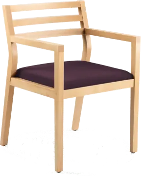 a wooden chair with purple seat pad