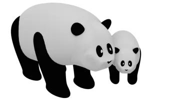 two panda bears standing next to each other one