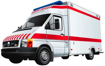 an ambulance truck with red and white stripes