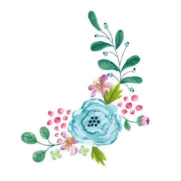 a blue flower with green leaves and pink flowers