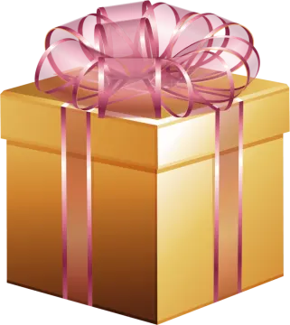 a gold gift box with a pink ribbon
