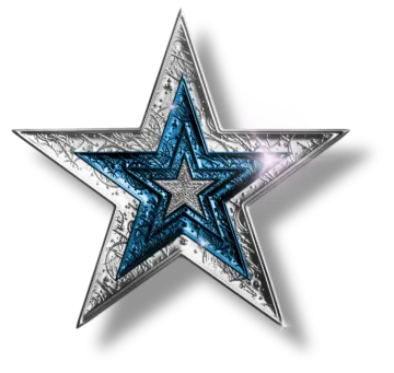 a silver and blue star on a white background