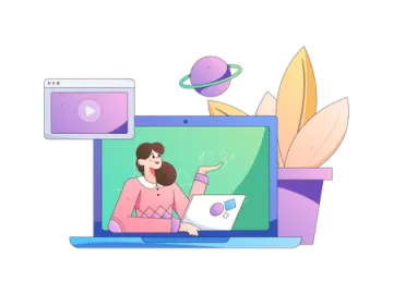 a woman sitting in front of a laptop with various objects around her