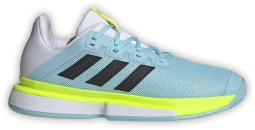 a pair of blue and yellow tennis shoes