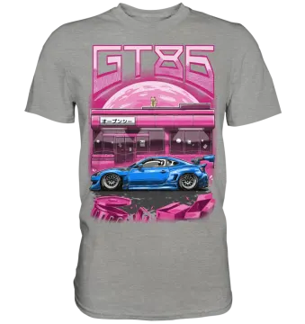 a grey t - shirt with a blue car in front of a diner