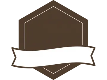 a brown shield with a white ribbon around it