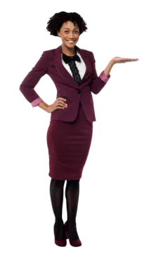 a woman in a purple suit and black tights