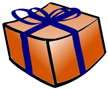 an orange gift box with a blue ribbon