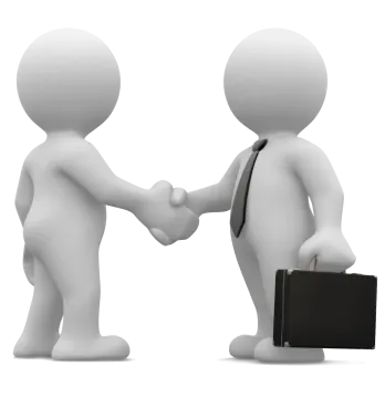 two 3d people shaking hands with a briefcase