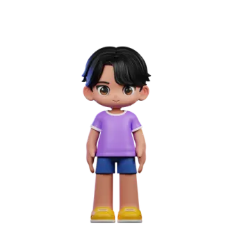 a little boy in a purple shirt and blue shorts