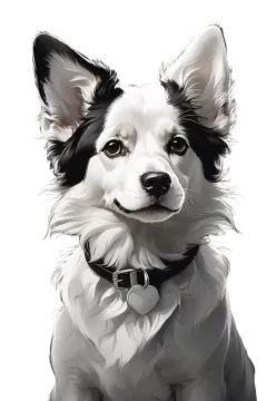 a black and white dog is sitting down