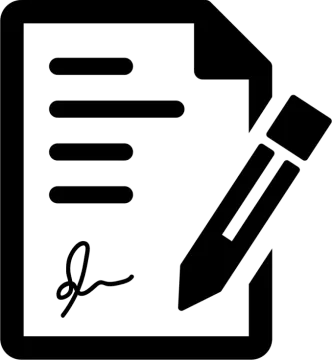 a black and white icon of a paper with a pen